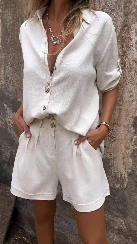 CD | Set de vară ușor cu cămașă cu mânecă scurtă și pantaloni scurți cu nasturi asortați