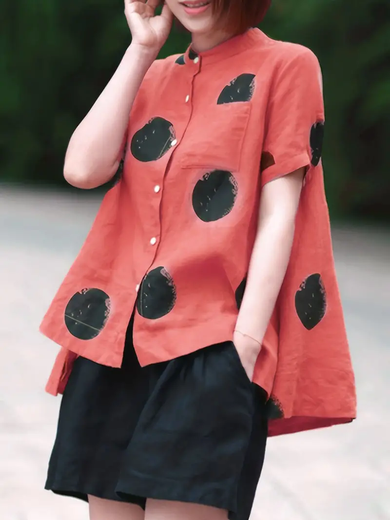 Pink Dot Print Patchwork Linen Top Button Stand Collar Summer