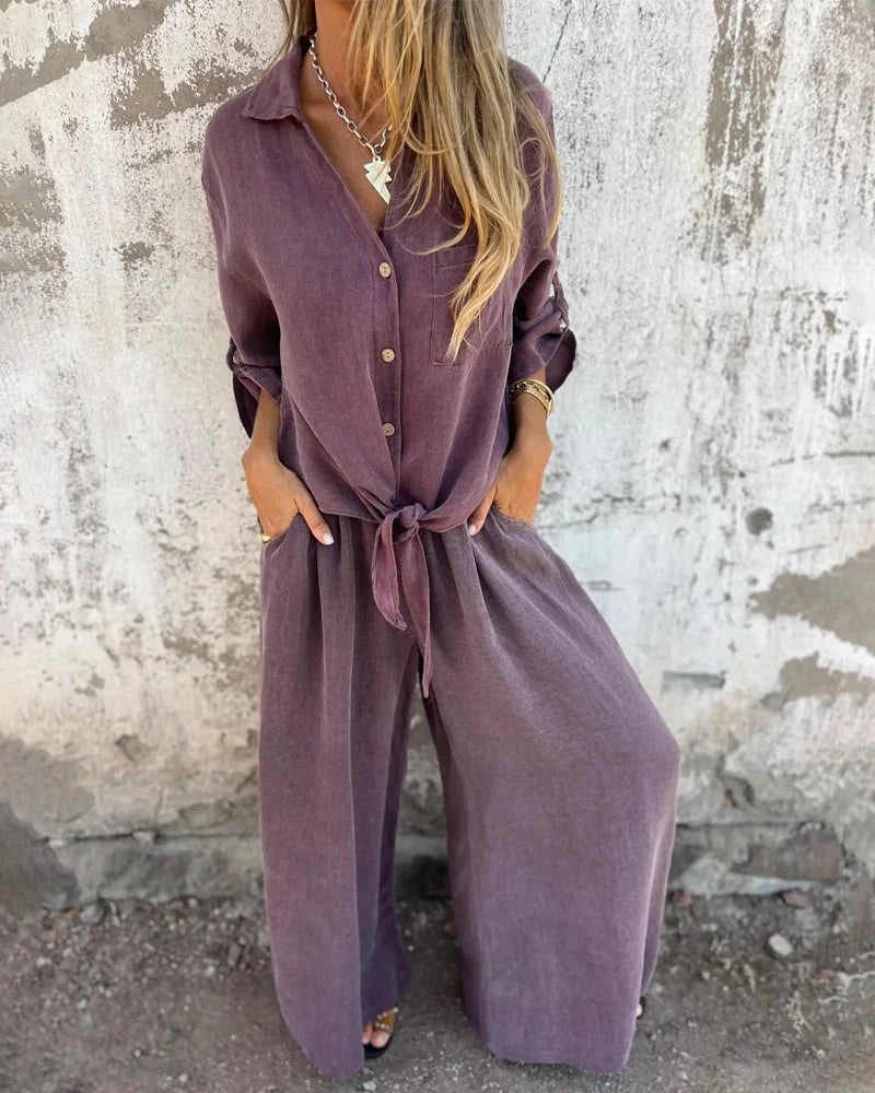CD | Ținută elegantă de vară pentru femei cu pantaloni largi și bluză cu mânecă lungă