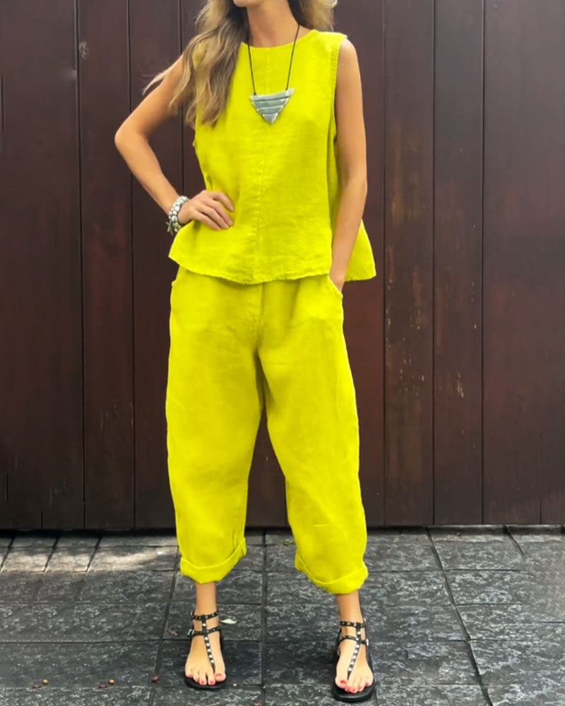 CD | Casual culoare solidă fără mâneci Vestă și pantaloni bumbac in Set din două piese