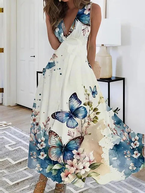 CD | Rochie maxi florală fără mâneci cu decolteu în V