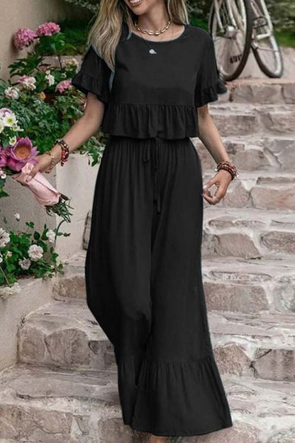 CD | Casual vrac o singură culoare cu mânecă scurtă pantaloni largi picior set din două piese