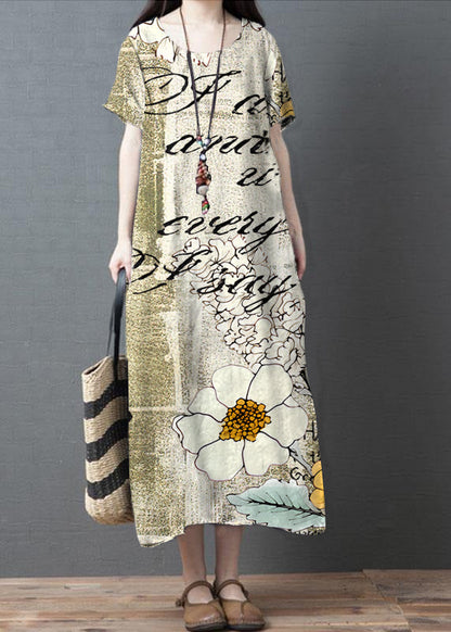 Loose Brown O-neck Patchwork Pockets Summer Holiday Dress Short Sleeve