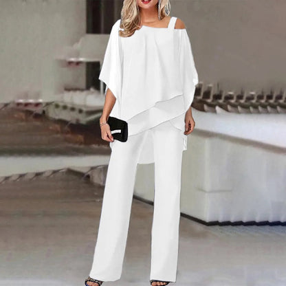 CD | Set elegant format dintr-o bluză cu volane fără umeri și pantaloni cu picior drept pentru femei