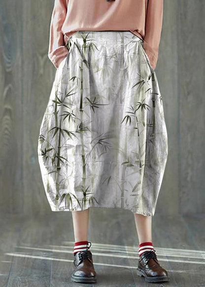 Boutique White Stripes Pockets Lantern Cotton Linen Summer Skirt