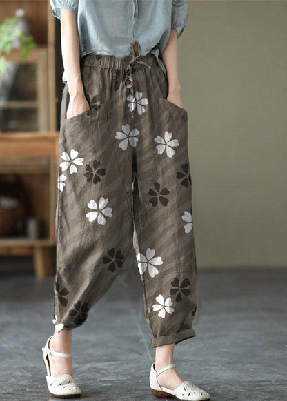 Art Black Flower Tie Waist Pockets Summer Harem Pants Linen