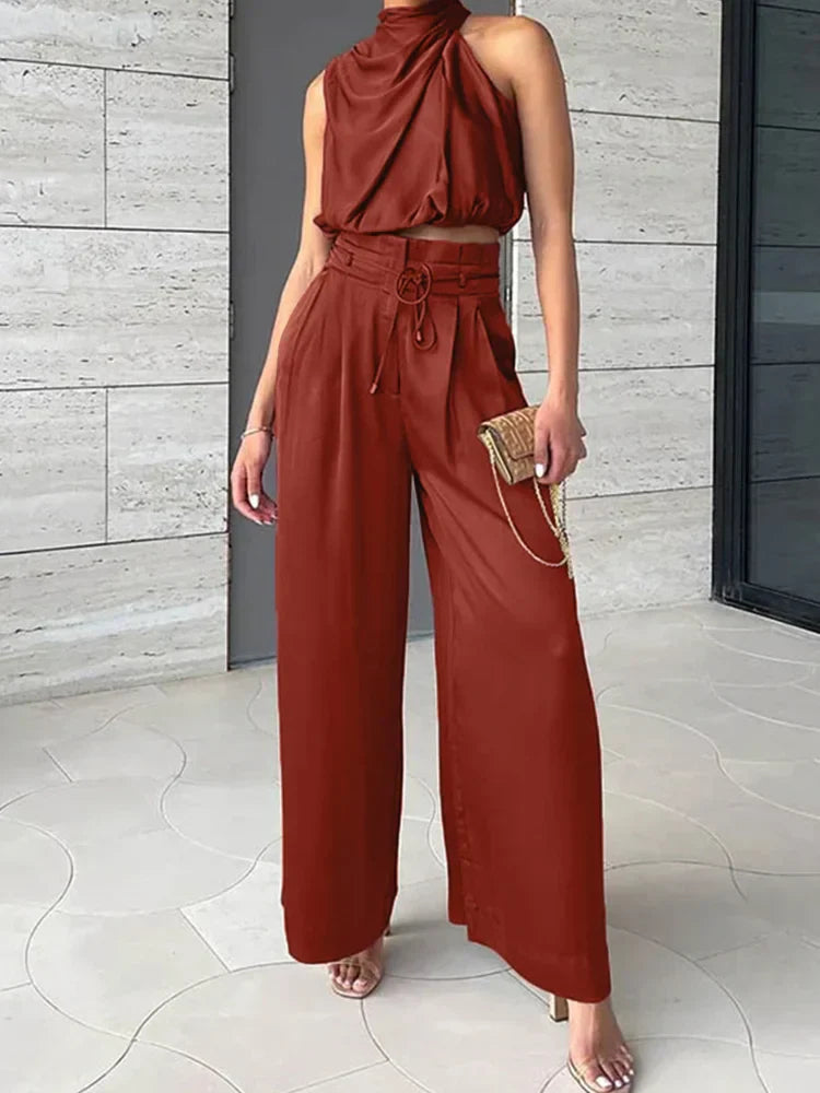 CD | Crop top cu halterneck și set de picioare largi