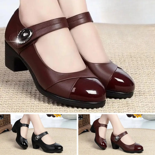 CD | Femei Moda dulce negru de înaltă calitate rotund Toe Buckle curea Office Heel