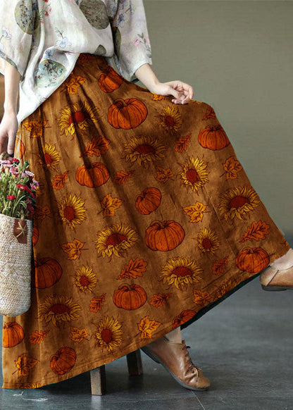 Green Print Ramie Elastic Waist Skirt