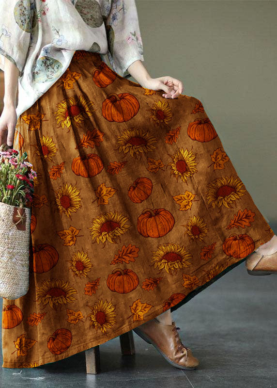 Brown Flower Ramie Elastic Waist Skirt