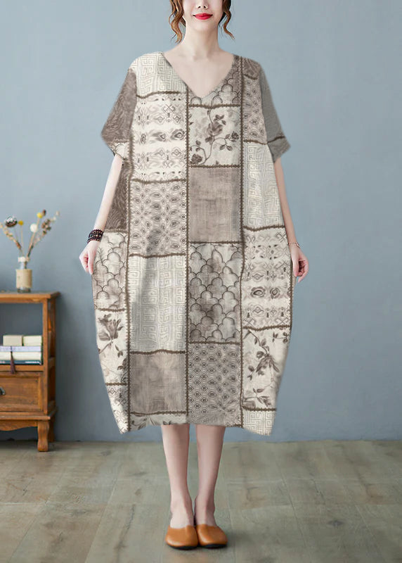 Khaki Geometry V Neck Print Long Dress Short Sleeve