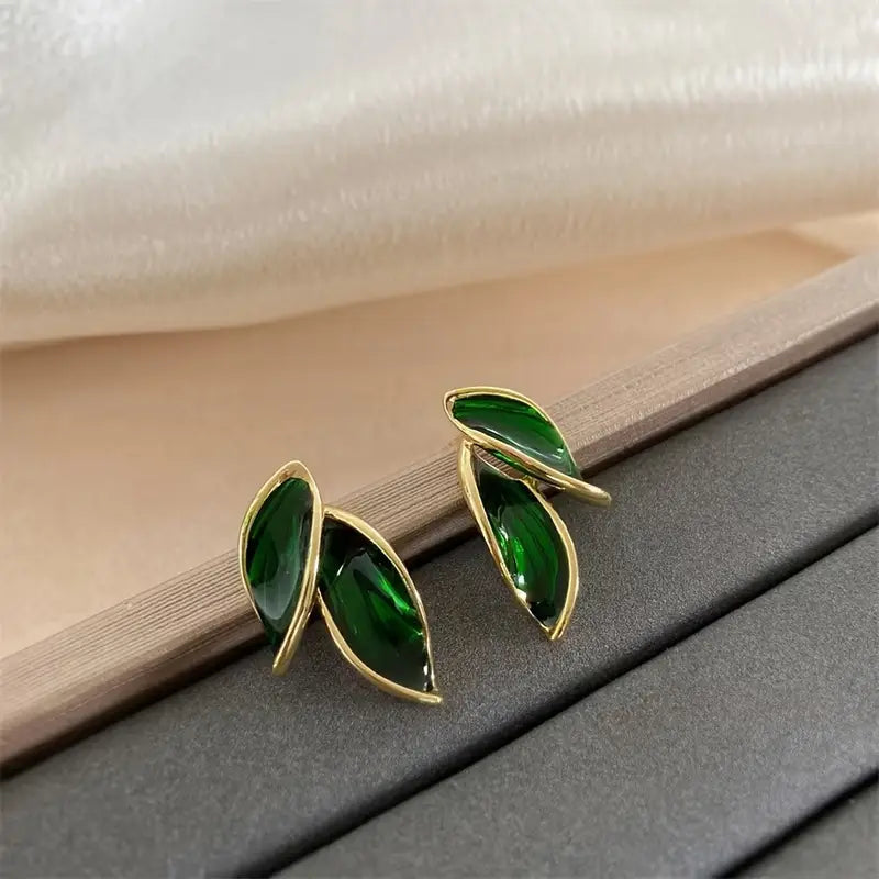 Green Leaf Stud Gold Earrings