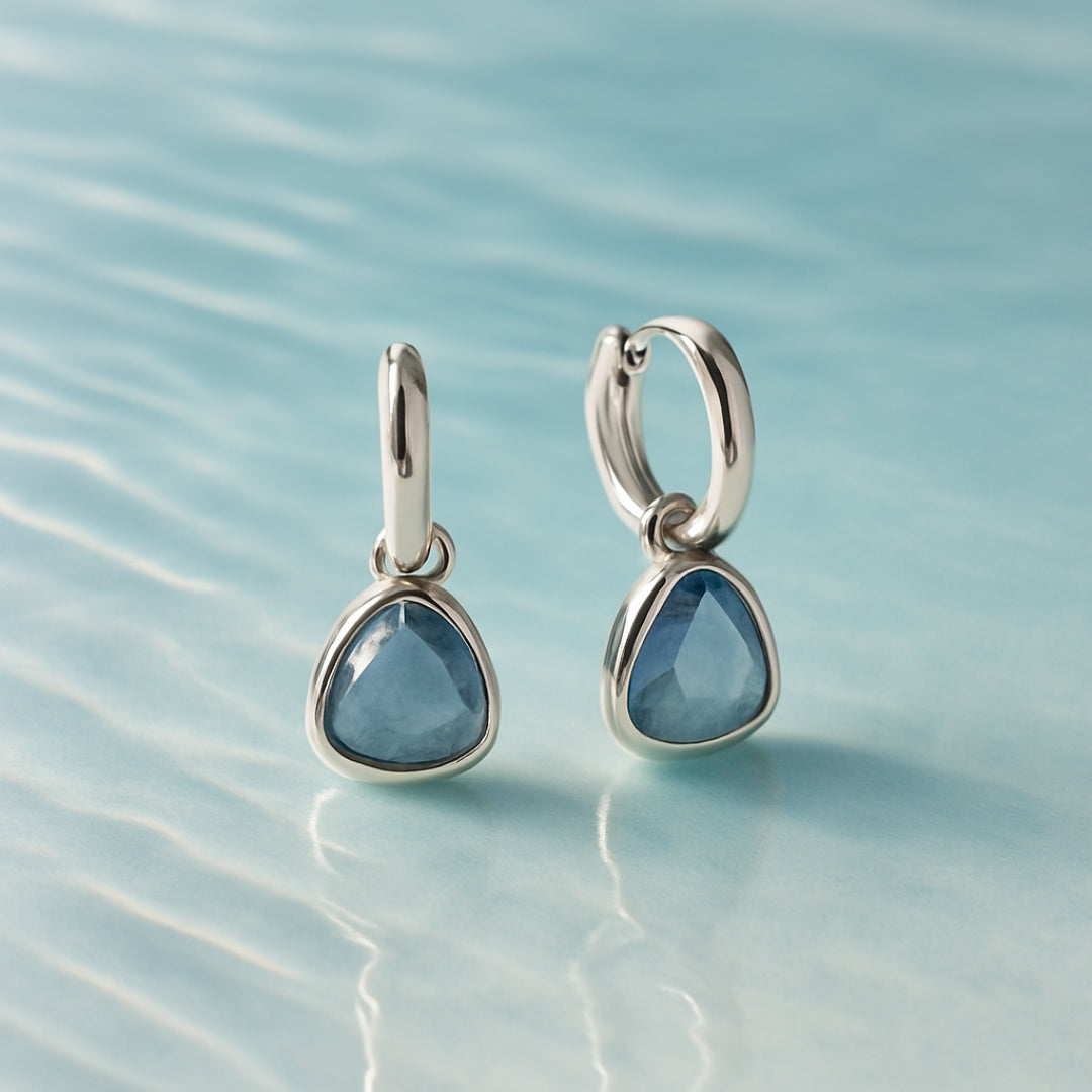 Blue Sapphire Drop Hoop Silvered Earrings