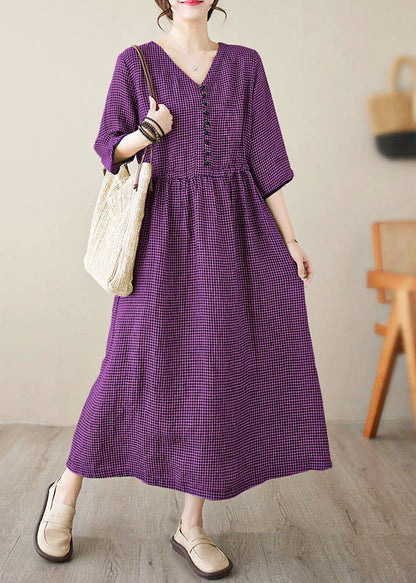 Wine Red V Neck Plaid Patchwork Button Linen Maxi Dresses Summer