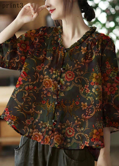 Color Stripes V Neck Ruffled Print Linen Blouse Top Half Sleeve