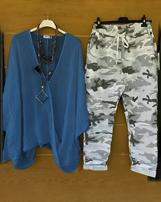 CD | Bluză casual la modă și pantaloni cu imprimeu de camuflaj pentru femei