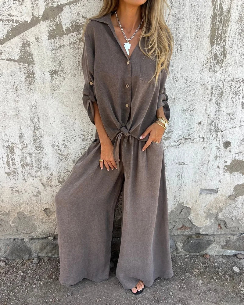 CD | Ținută elegantă de vară pentru femei cu pantaloni largi și bluză cu mânecă lungă