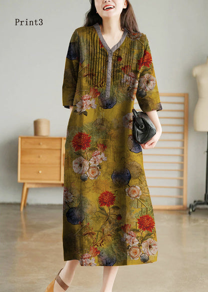 White Print9 Loose Linen Long Dresses Button Half Sleeve
