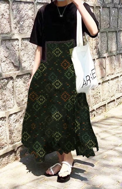 O-neck Asymmetrical Plaid Mosaic Dress