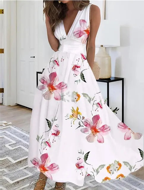 CD | Rochie maxi florală fără mâneci cu decolteu în V