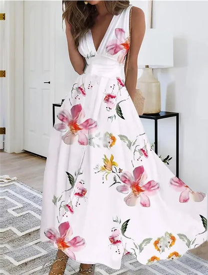 CD | Rochie maxi florală fără mâneci cu decolteu în V