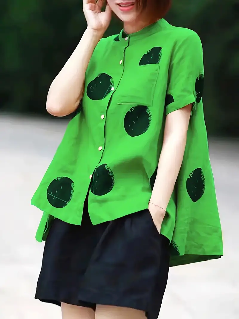 Pink Dot Print Patchwork Linen Top Button Stand Collar Summer