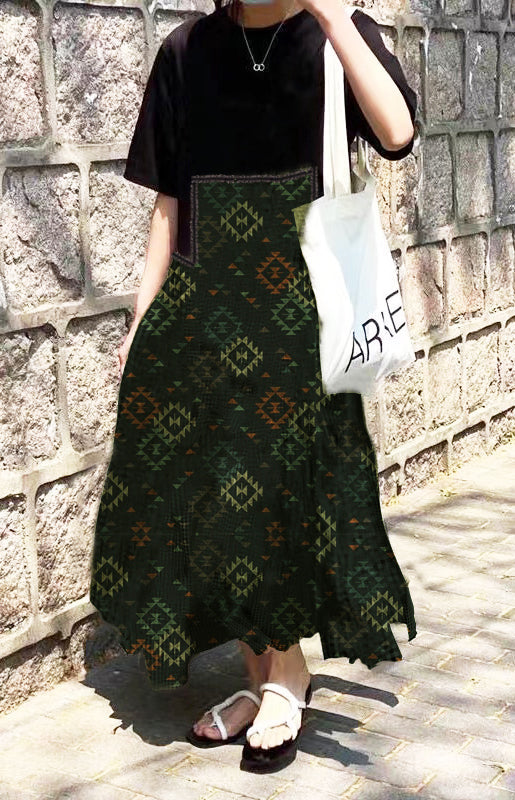 Red Print O-neck Asymmetrical Plaid Mosaic Dress
