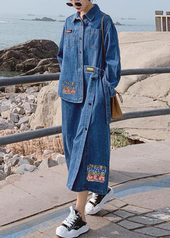 Loose Blue-flower Pockets Button Asymmetrical Design Fall Denim Long Sleeve Long Dress
