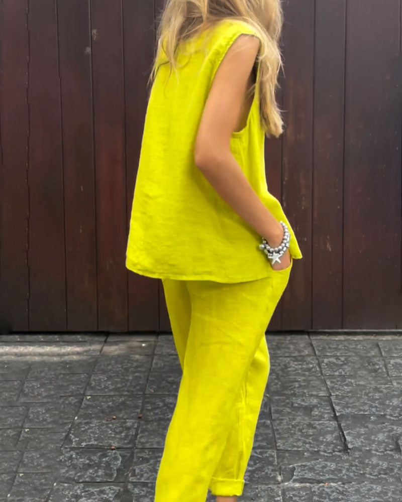 CD | Casual culoare solidă fără mâneci Vestă și pantaloni bumbac in Set din două piese
