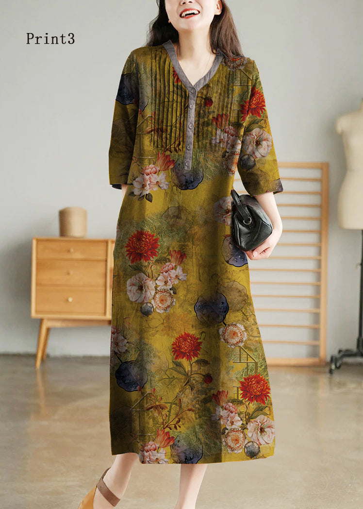 Blue Print10 Loose Linen Long Dresses Button Half Sleeve