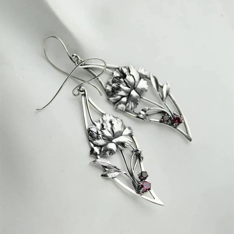 Boho Floral Earrings With Crystals In Sterling Silver