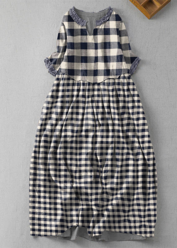 Fine Green Cashew Nuts V Neck Ruffled Patchwork Linen Dress Summer