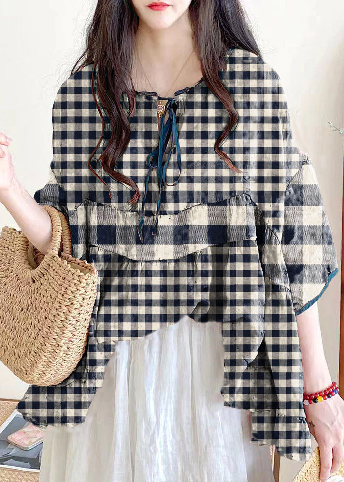 Organic Black Polka Dots Ruffled Print Lace Up Cotton Shirts Half Sleeve