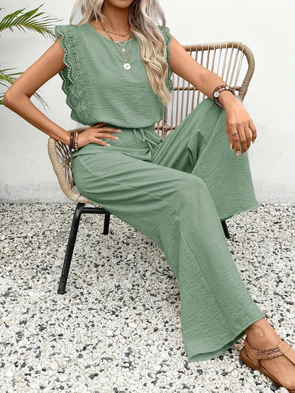 CD | Top elegant din dantelă și pantaloni cu picior lat