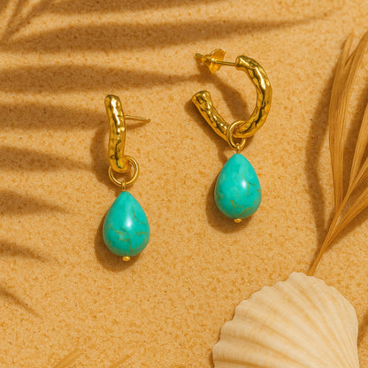 Turquoise Molten Hoop Gold Earrings