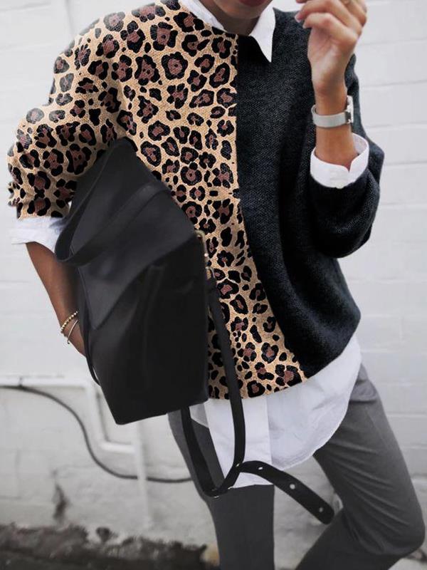 CD | Pulover elegant leopard patchwork pentru femei