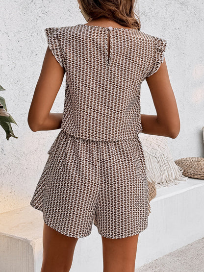 CD | Honey Top imprimat cu decolteu rotund și set de pantaloni scurți cu mai multe straturi