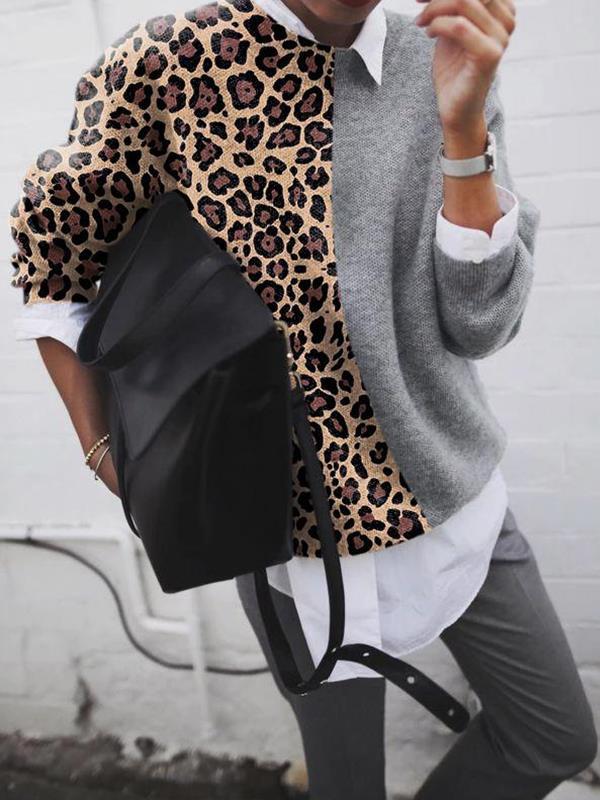 CD | Pulover elegant leopard patchwork pentru femei