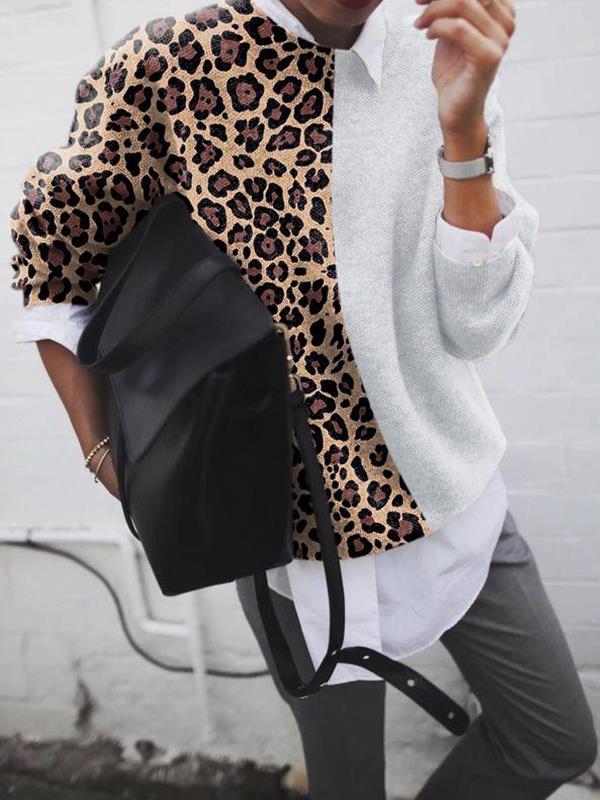 CD | Pulover elegant leopard patchwork pentru femei