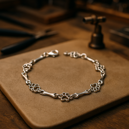 Limited Edition Pure Silver Dog Paw and Bone Charms Bracelet