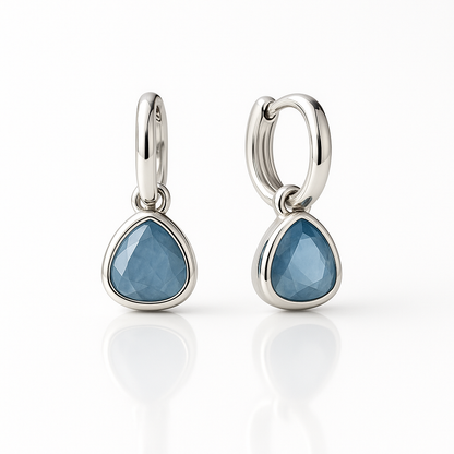Blue Sapphire Drop Hoop Silvered Earrings