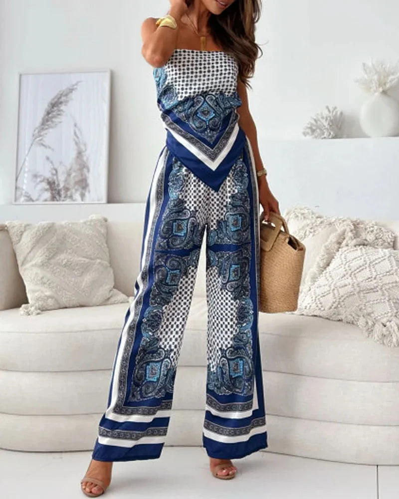 CD | Set trendy din două piese cu top și pantaloni cu dantelă imprimate pentru femei moderne