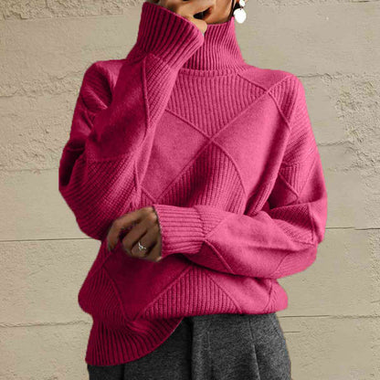 CD | Pulover chic cu guler tip broască țestoasă din tricot geometric