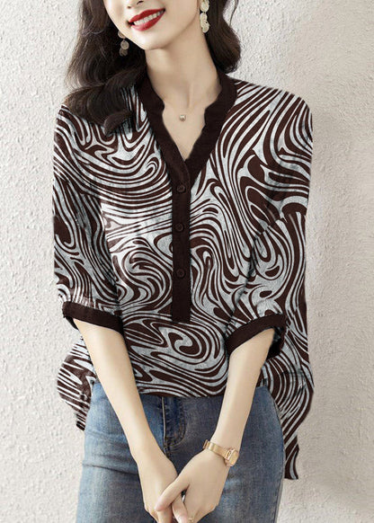 Black V Neck Print Button Silk Top Half Sleeve