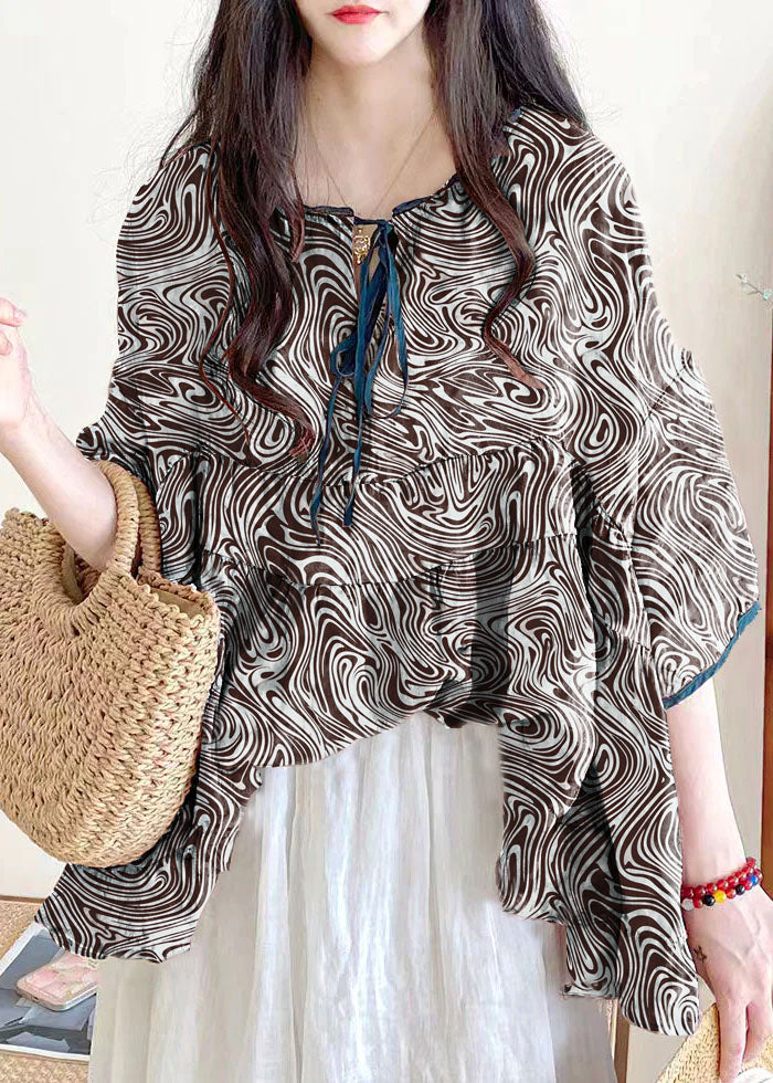 Organic Brown Texture Ruffled Print Lace Up Cotton Shirts Half Sleeve