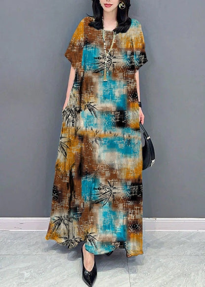 Black Texture O Neck Pockets Print Patchwork Silk Long Dresses Summer