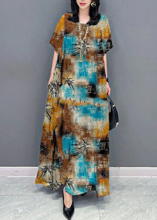 Brown Geometry O Neck Pockets Print Patchwork Silk Long Dresses Summer
