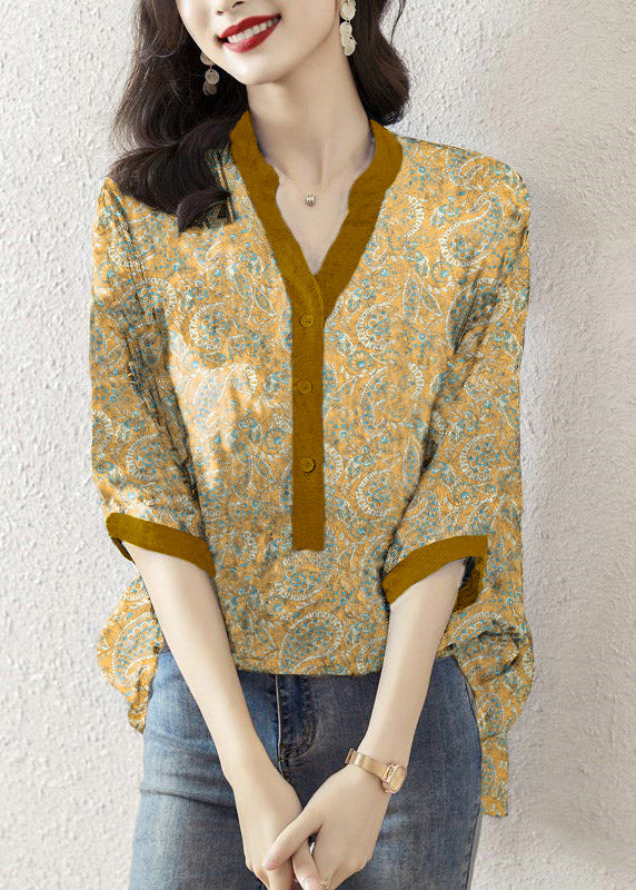 Black V Neck Print Button Silk Top Half Sleeve