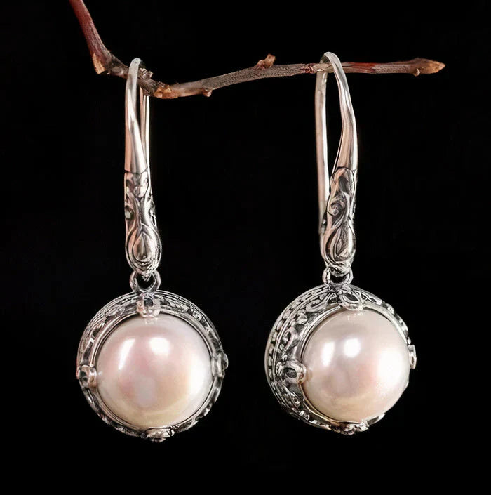 Inlaid Silver Pearl Earrings