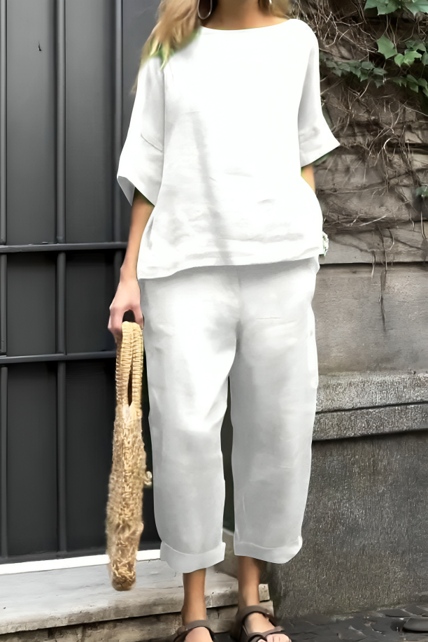 CD | Set casual pentru femei din bumbac și in cu bluză și pantaloni